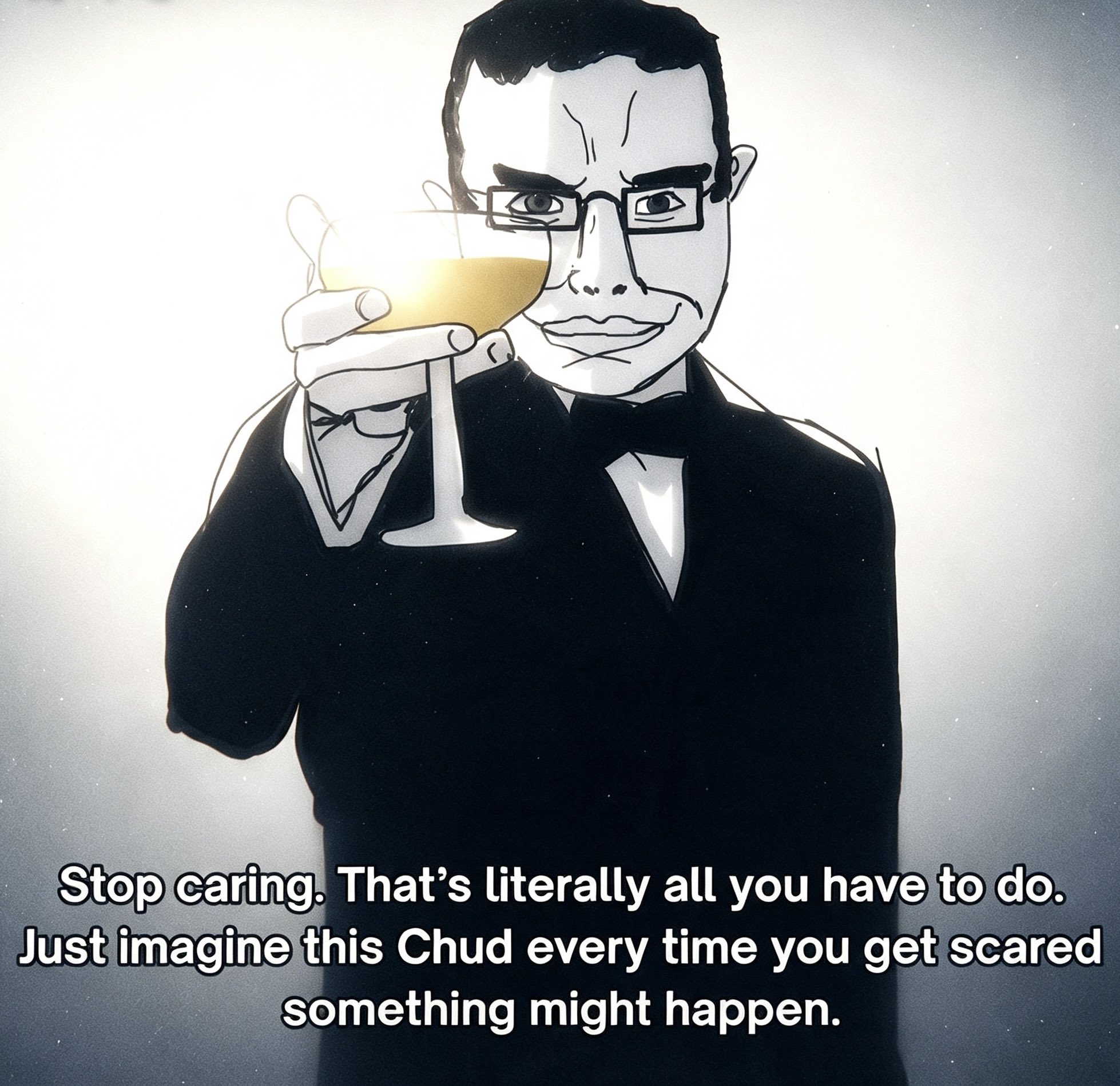 Chudjak in a tuxedo raising a champagne glass — stop caring, nothing ever happens